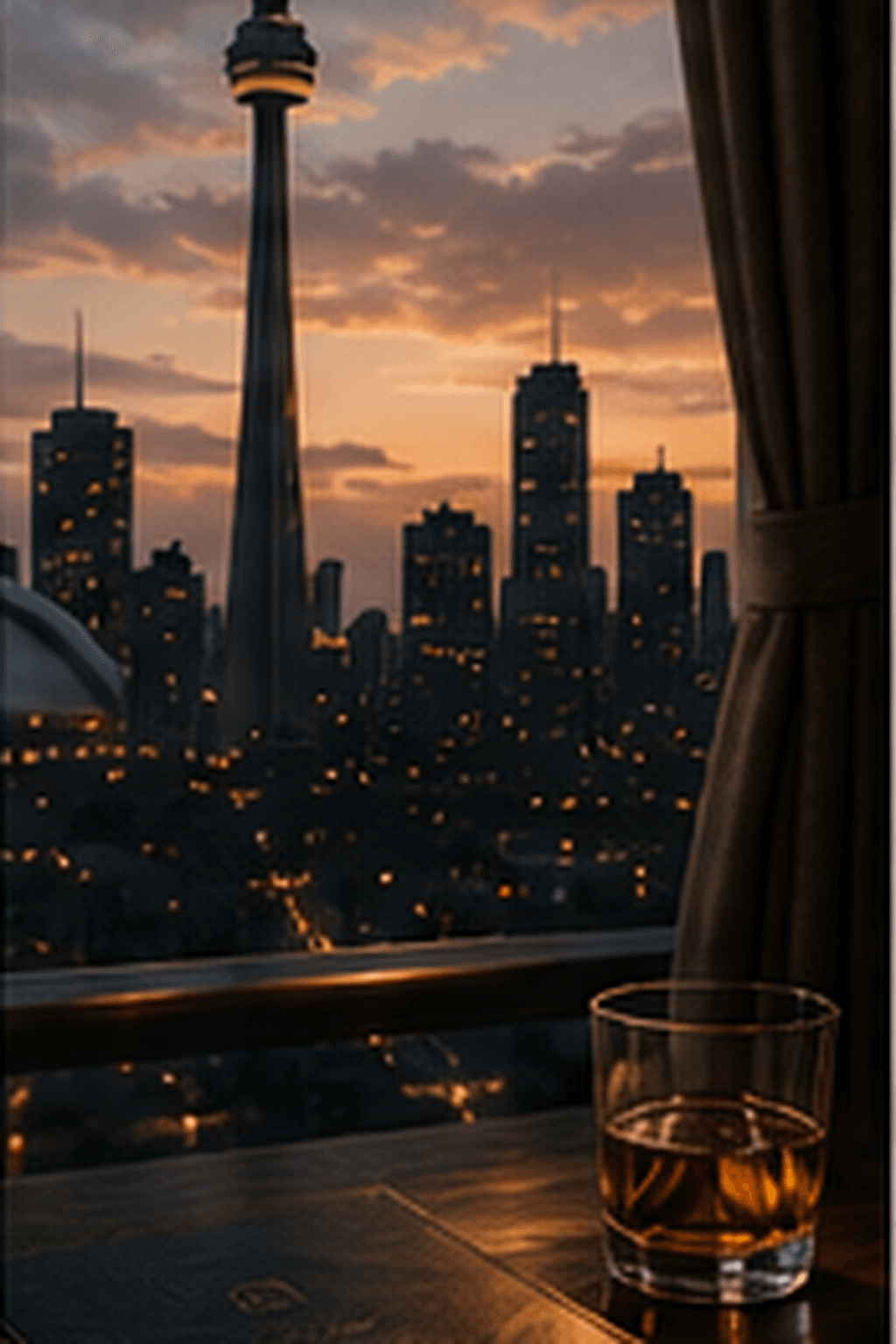 Toronto at dusk seen from a warm interior, with marked papers resting by the window.